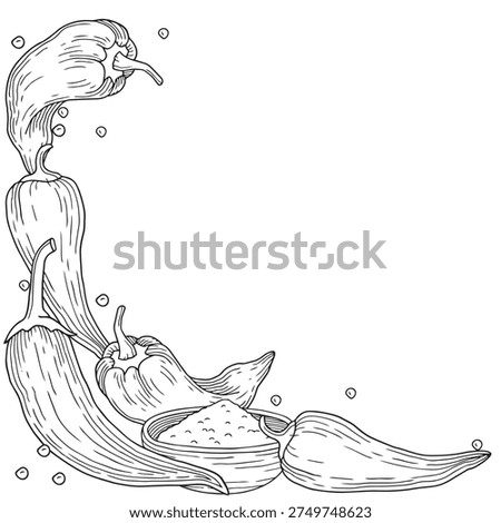 Hand-drawn ready to use frame composition made of fresh chili pepper, chili powder and seeds graphic sketch for product design
