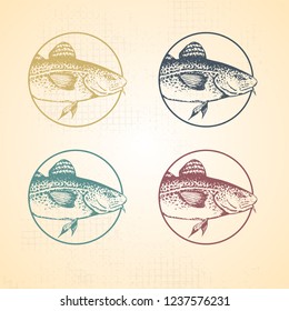 Hand-drawn realistic codfish sign in a round frame. Engraving style. The idea of the stamp or logo. Isolated on background. Vector.