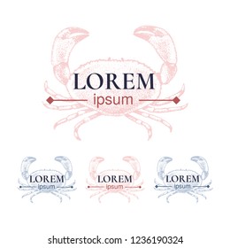 Hand-drawn realistic crab logo. Vector. Isolated on background. Idea of crab restaurant logo.