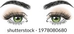 Hand-drawn realistic woman's sexy luxurious eyes with perfectly shaped eyebrows, different eyeshadows and full lashes. Browbar. Concept for business visit card, typography vector. Perfect salon look. 