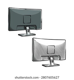 Hand-drawn rear view vector illustration of computer monitors in a detailed sketch style. Perfect for hardware assembly guides, tech specifications infographics, and modern office workspace design layouts.