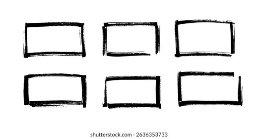 Hand-drawn rectangle frames in black marker style. Grunge rectangular borders with rough brush strokes isolated on white background. Sketchy frames for notes, social media. Vector illustration.