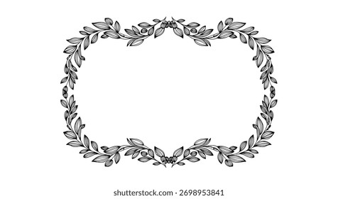 Hand-drawn rectangular frame made of intricately detailed black and white leaves and branches, creating an elegant border on a white background.