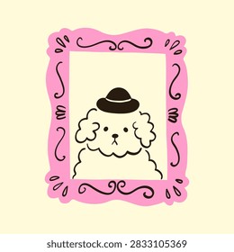 Hand-drawn rectangular pink frame with funny portrait of poodle wearing black hat. Doodle border silhouette and elegant dog illustration. Playful vector graphic