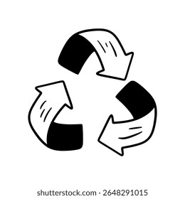 Hand-Drawn Recycle Symbol Doodle Vector – Black and White Environmental Sketch Icon