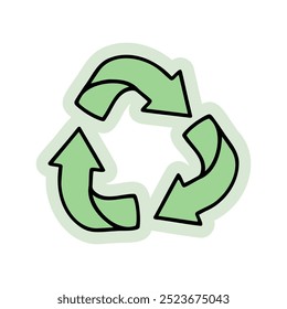 Handgezeichnetes Recyclingsymbol mit dreieckigen Pfeilen. Kreativer Aufkleber symbolisiert Nachhaltigkeit, Umweltfreundlichkeit und Umweltverantwortung. Vektorgrafik für grüne Designs und Recycling