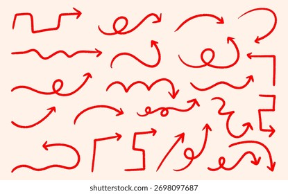 Hand-Drawn Red Arrow Set, Brush Stroke Sketch Arrows on Beige Background