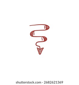  Seta vermelha desenhada à mão esboço como símbolo de navegação, ponteiro gráfico à mão livre para direção e design de orientação.