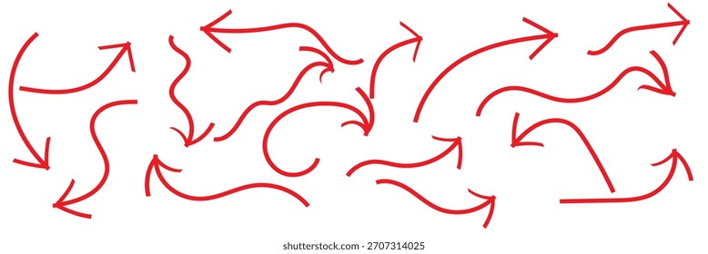 Handgezeichnete rote Pfeile für Highlights und Richtung. Eine Sammlung von handgezeichneten roten Pfeilen mit unterschiedlichen Kurven und Strichen, ideal für die Hervorhebung, das Zeigen und das kreative Grafikdesign.