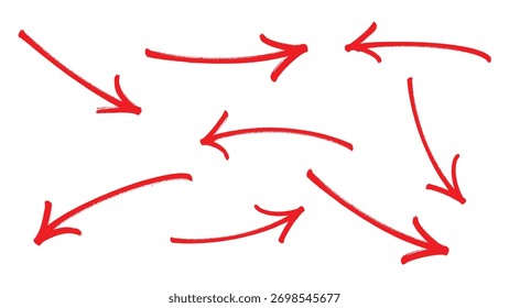 Hand-Drawn Red Arrows Set, Curved, Wavy, and Brush Stroke Direction Icons Isolated on White Background.	
