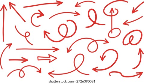 Setas vermelhas desenhadas à mão ilustração vetorial, curvo, torcido, espiral, ícones direcionais, estilo de esboço, símbolos de movimento, elementos gráficos, sinais de apontar
