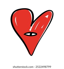 Hand-drawn red and black isolated heart with eye face. Brush, ink. Decor element. Valentine's day card, pattern element and love symbol. Vector, clip-art.