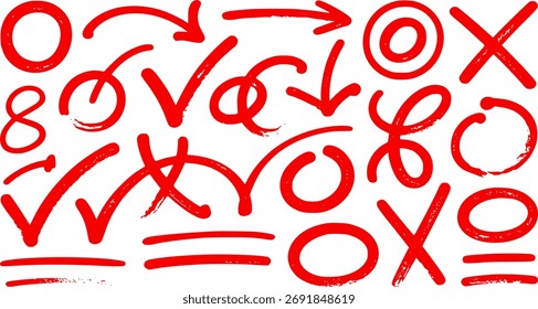 Handgezeichnete rote Häkchen und Kreuzzeichen. Doodle-Elemente mit rauen Markierungen für Notiz- und Korrekturdesign.