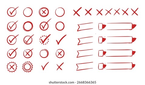 Hand-drawn red check marks, crosses, ovals, and banners in a doodle style. Vector illustration. silhouette