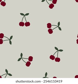 Hand-drawn red cherry and green leaves seamless pattern vector. Cute cartoon fruit, little cherries repeat pattern for fabric, wrapping, textile, wallpaper, card, paper gift, phone case.