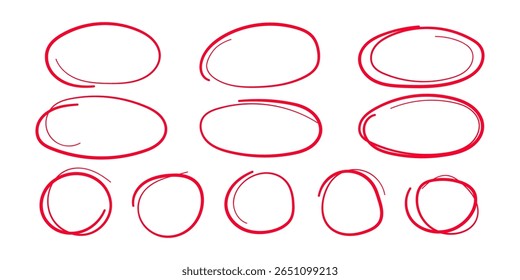 Marcas De Realçador De Círculo Vermelho Desenhado À Mão, Seleção Oval, Elementos De Design Gráfico