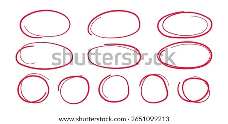 Handdrawn Red Circle Highlighter Marks, Oval Selection, Graphic Design Elements