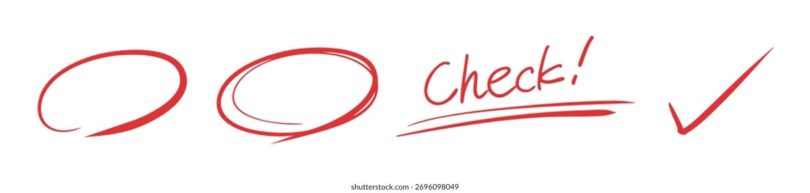 Handgezeichnete rote Kreise, Markierungen markieren und mit "Check!" unterstreichen. Text - Vektorgrafik-Set für Klassifizierung und Genehmigung