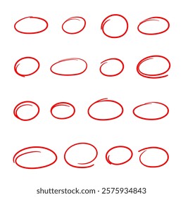 Hand-drawn, red circles highlighted with a marker, isolated on a white background, vector. Graphic illustration of a round frame with a single line. Elements of emphasis and importance. Verification