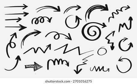 Flechas de lápiz rojo dibujadas a mano en varias direcciones, creando un doodle dinámico y juguetón. Perfecto para el énfasis o la dirección.