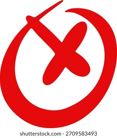 Hand-drawn red cross mark in a circle, representing cancellation or rejection.