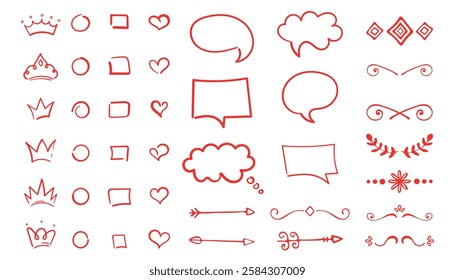 Hand-drawn red decorative doodles and icons. Collection of featuring crowns, hearts, arrows, speech bubbles, geometric shapes and decorative elements on a white background. Vector illustration