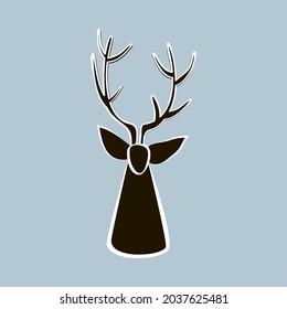 Cabeza de ciervo rojo dibujada a mano. Silueta de contorno blanco y negro de Cervus. Dibujo de la cabeza de alce con grandes cuernos. Afiche de gráficos de vida silvestre. Logo de renos para etiqueta, insignia, club de caza o campamento turístico.