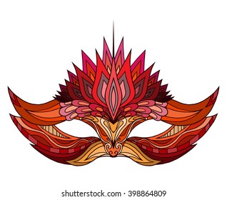 Hand-drawn red doodle face mask with boho pattern. Festival Mardi Gras, masquerade.