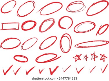 Handdrawn red doodle grunge circle highlights. Charcoal pen round ovals. Marker scratch scribble inrounder. Round scrawl frames. Vector illustration of freehand painted circular note