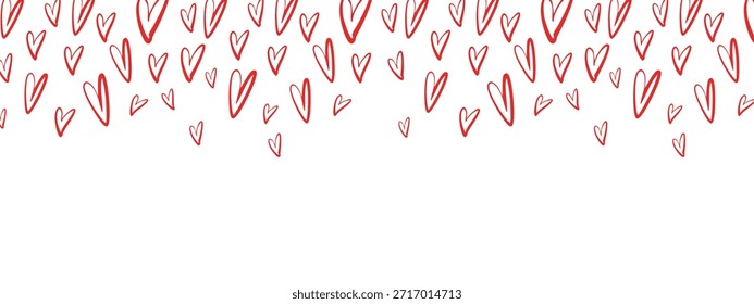 Corazones de doodle rojo dibujados a mano que caen desde la parte superior como un borde romántico sobre un fondo transparente. Lindo patrón de corazón de San Valentín para tarjetas, carteles, redes sociales y decoración