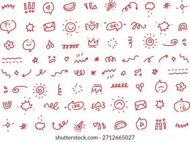 Iconos de doodle rojo dibujados a mano con flechas, estrellas, burbujas de discurso, símbolos y Elementos de bocetos divertidos, ideales para diseños creativos, notas y fondos.
