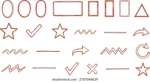 ilustração de vetor de doodle vermelho desenhado à mão, símbolos de esboço abstrato e design de formas, setas decorativas estrelas marca de verificação conceito, feixe gráfico editável, conjunto de elementos criativos