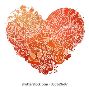 Hand-drawn red doodles heart isolated on white background. Vector poster template. Cupid, ring, roses, sun, clouds and rainbow, swirls and ribbons, balloons, key, lock and others symbols. 