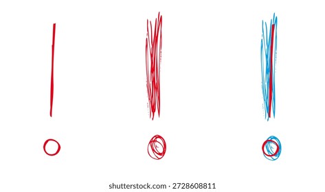 Mano-dibujado signos de exclamación rojos aislados sobre fondo blanco.
