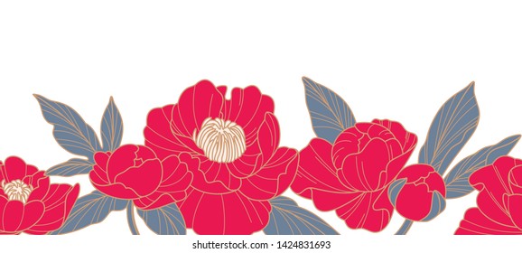 Hand-drawn red flowers and leaves. Vector peony flowers for invitation, wedding or greeting cards. Botanic elements isolated on white backgroun. Seamless.