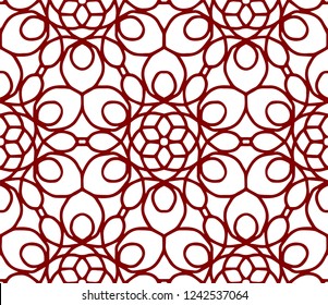 Hand-drawn red geometric seamless vector mandala pattern with mosaic flowers.