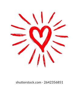 Hand-drawn red heart with expressive brushstroke rays around it, painted style on white background. Concept of love, passion, emotion, and care
