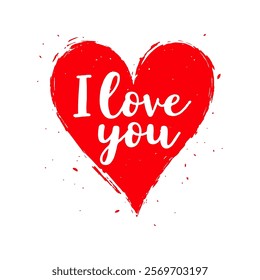 Hand-drawn red heart with I love you script. White background with scattered paint splashes. Concept of love and affection. Valentine's day, wedding illustration.