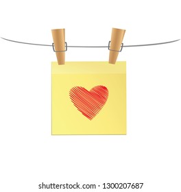 Hand-drawn red heart on yellow sticker hanging on clothespins. Vector on white background