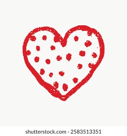 Hand-drawn red heart with polka dots on a white background. The heart design is simple and playful, featuring red dots that add a whimsical touch. Valentine's Day illustration vector.