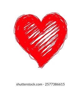 Hand-drawn red heart with sketchy strokes on a plain white background. Symbol of love, passion, and affection. Valentine's day illustration.