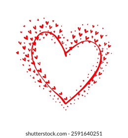 Hand-drawn red heart surrounded by tiny red hearts on a white background, Valentine's day illustration.