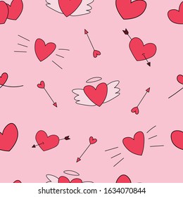 Hand-drawn red hearts and arrows seamless repeat pattern.Valentine's day pattern.