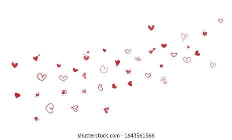 Hand-drawn red hearts are scattered on white background. Vector illustration.	