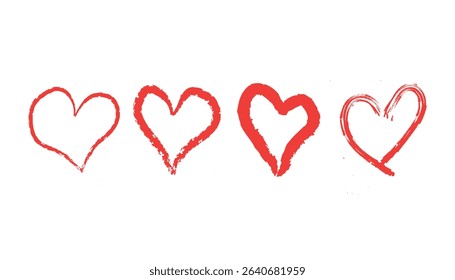 Hand-drawn red hearts in various styles representing love and romance on white background