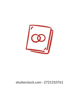 Ein handgezeichnetes rotes Symbol zeigt ein Dokument mit zwei ineinandergreifenden Ringen, die auf weißem Hintergrund die Ehe oder die Vereinigung symbolisieren.
