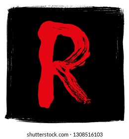 Hand-drawn red letter on black background.Vector lettering.