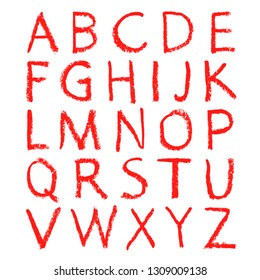 Hand-drawn red lipstick alphabet. Calligraphy font. Modern brushpen lettering. Grunge style alphabet.
