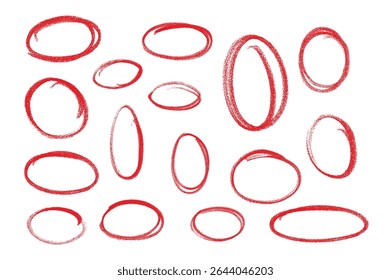Hand-Drawn Red Marker Circles and Ovals Set on White Background	
