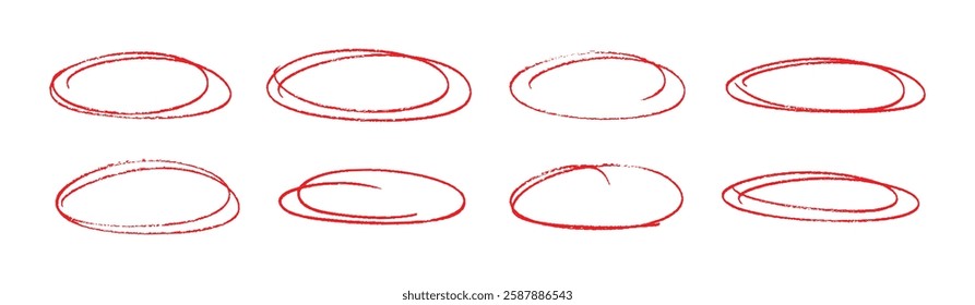 Hand-drawn Red ovals and circles set. Highlight circle frames. Ellipses in doodle style. Set of various geometric round shapes to circle and highlight text.	